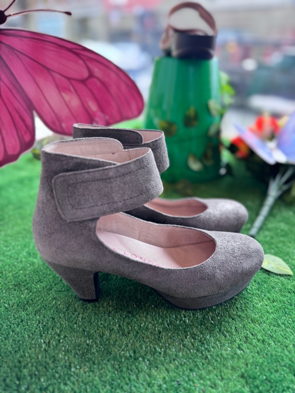 Sacha London Gray Metallic Suede Mary Jane Platform Heels with Ankle Strap